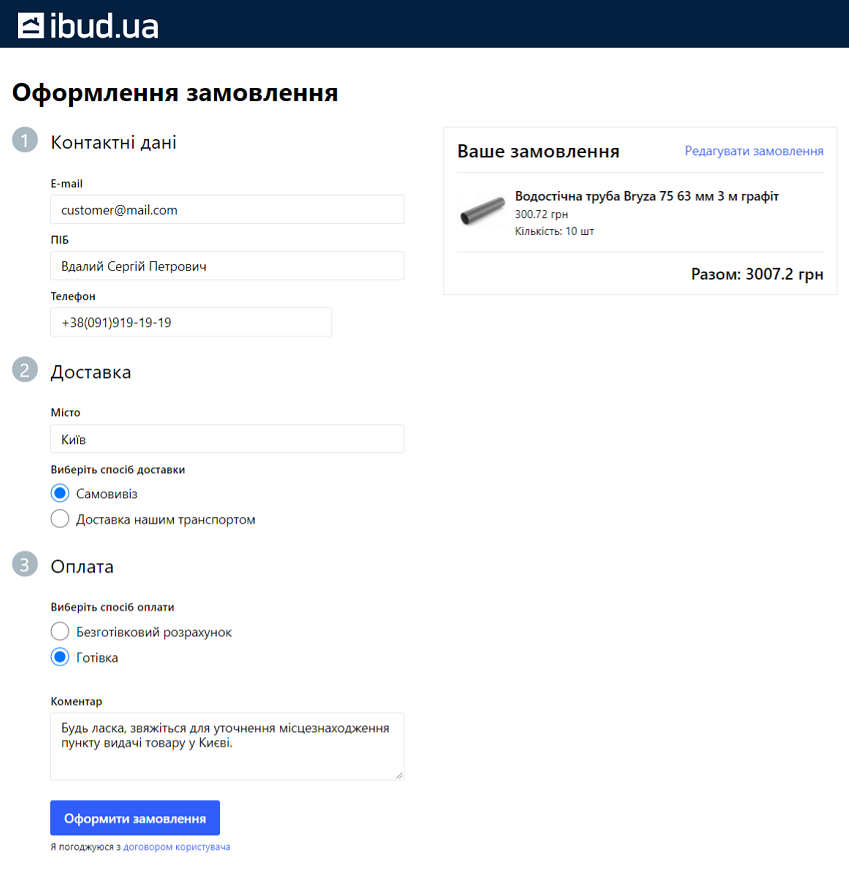 Форма оформлення замовлення товару на ibud.ua