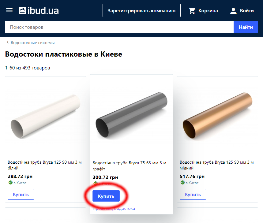 Карточки товаров на странице каталога ibud.ua