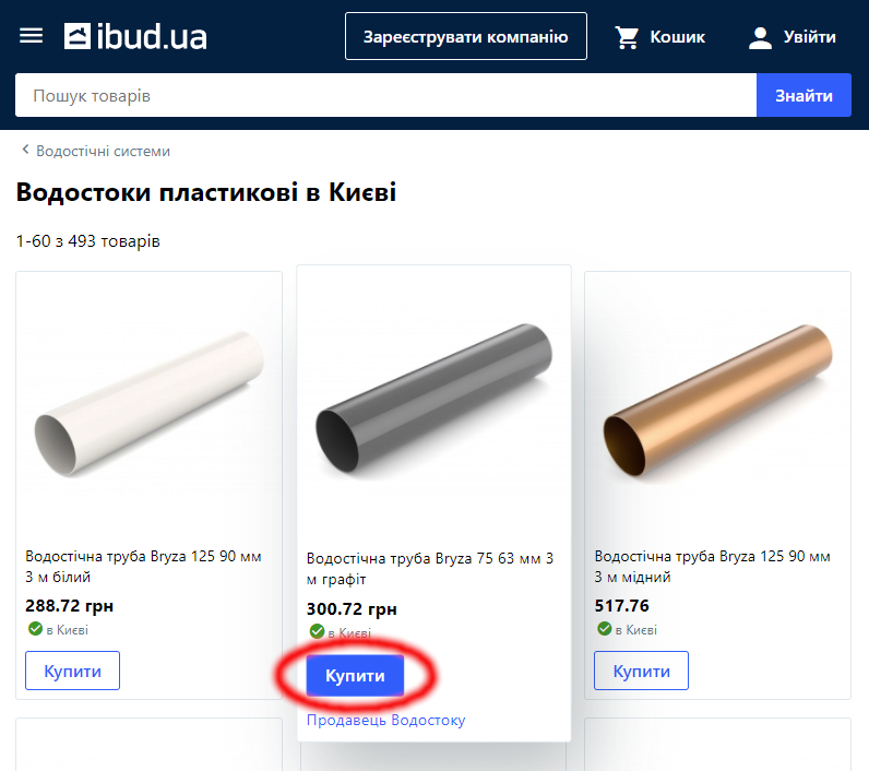 Картки товарів на сторінці каталогу ibud.ua